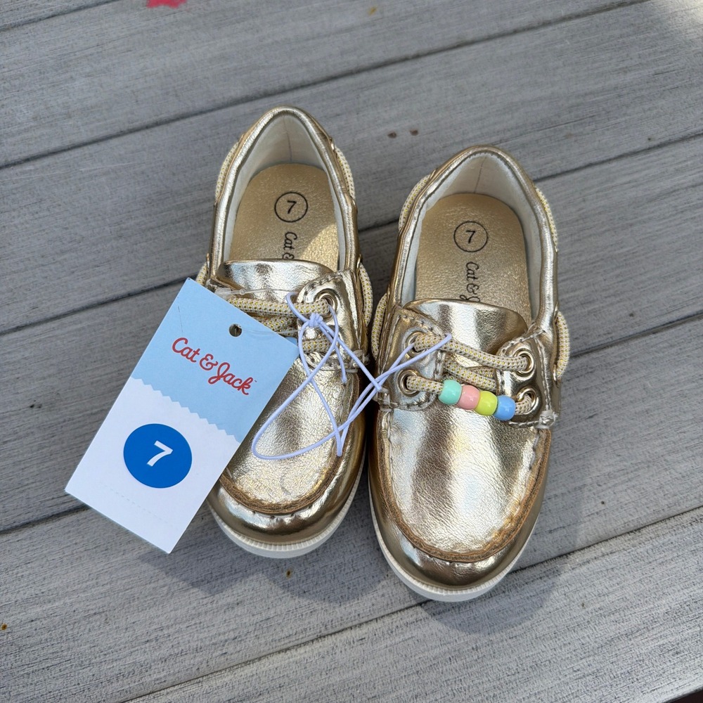 Cat & Jack Toddler Girls Gold Metallic Boat Shoes Loafers Size 7 Preppy Cute NEW